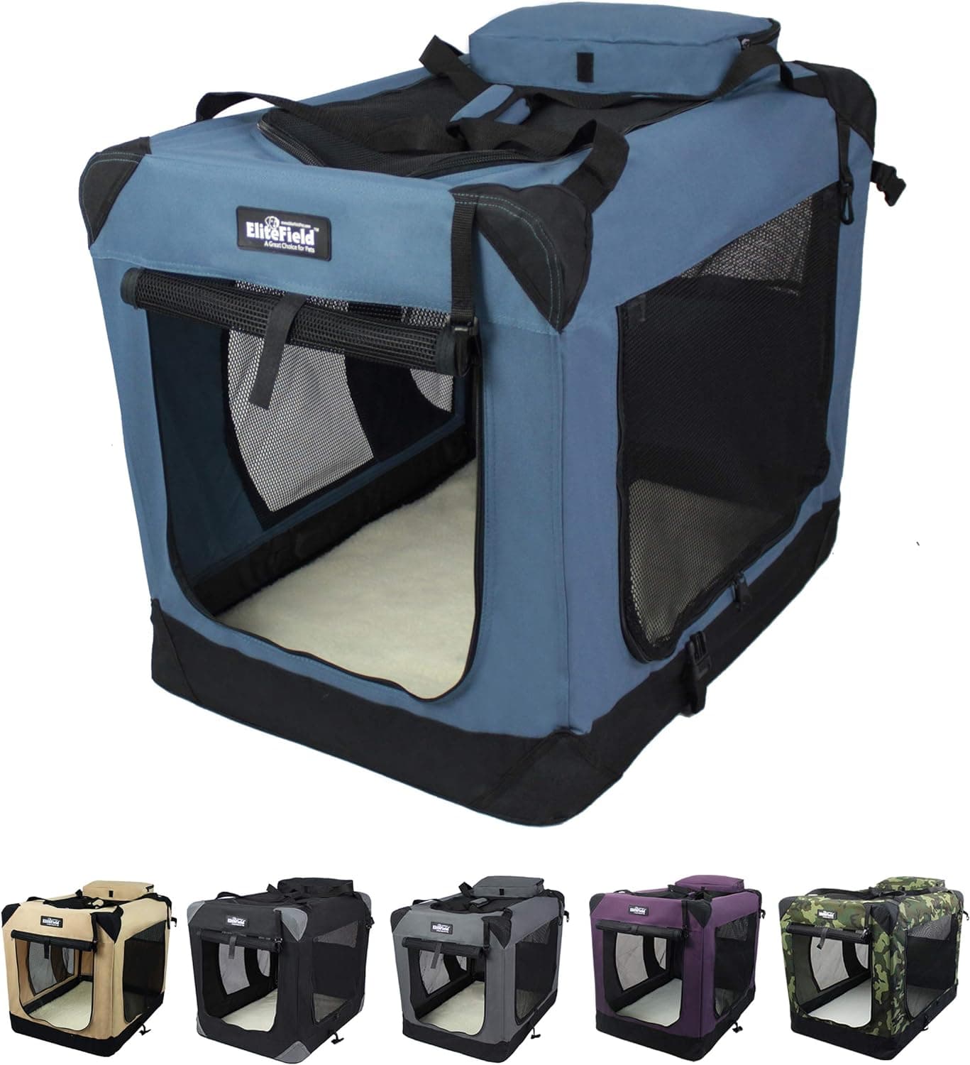EliteField 3-Door Folding Soft Crate with Bed & Carrying Bag