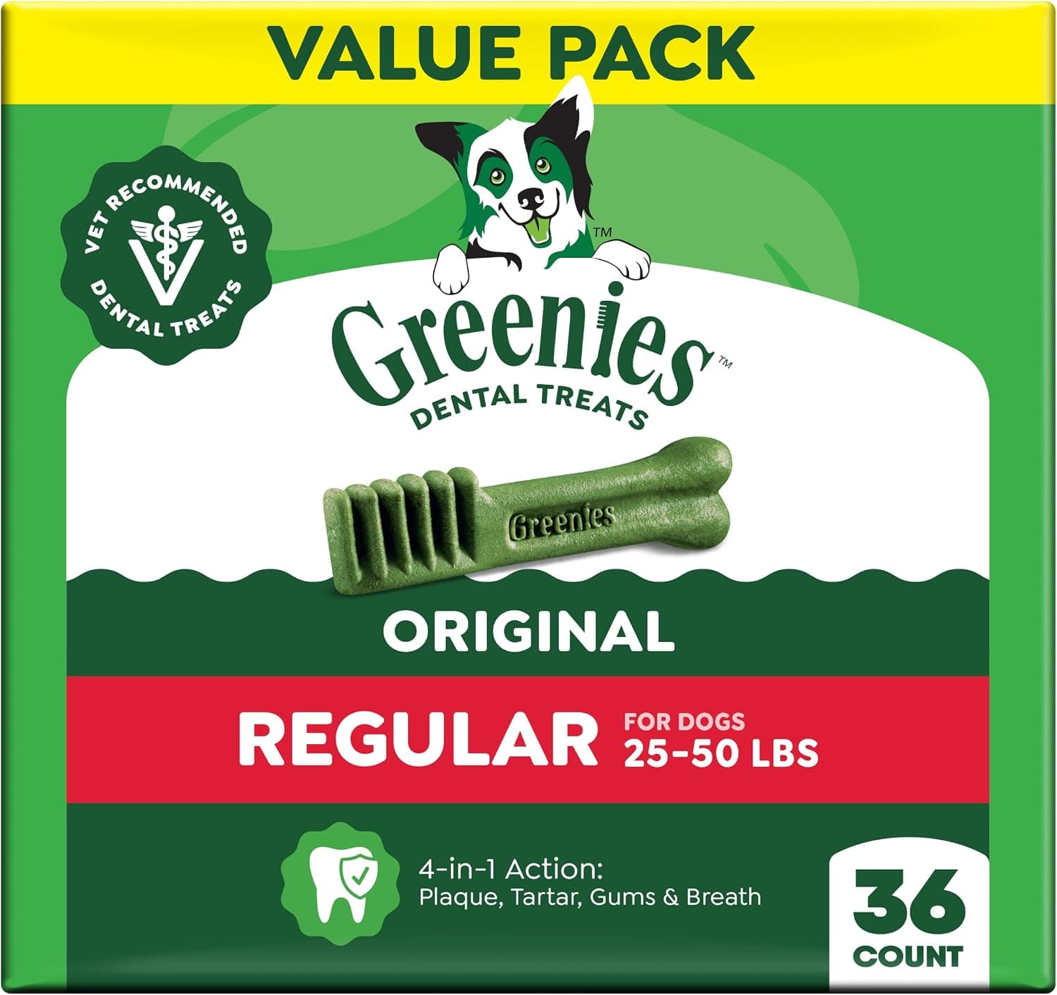 Greenies Original Regular Dental Dog Treats (36 Count, 25–50 lb Dogs)