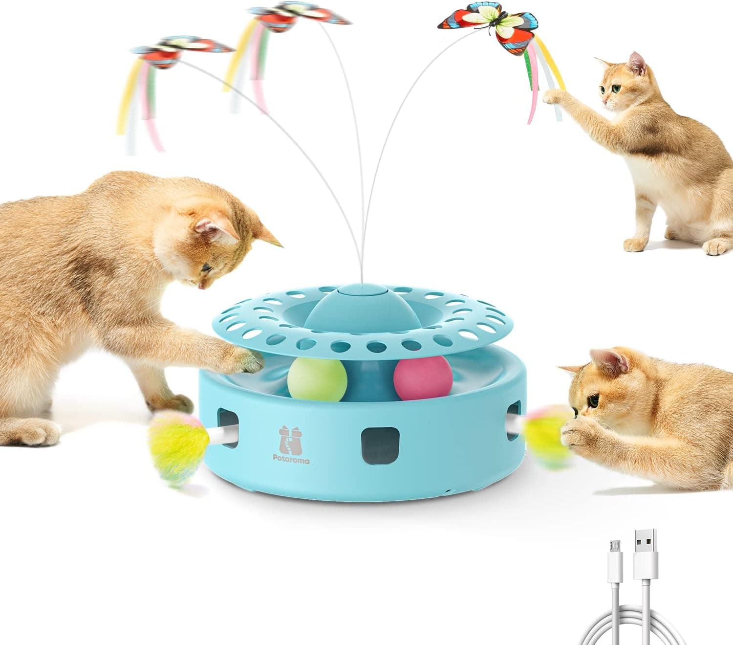 Potaroma 3-in-1 Automatic Interactive Cat Toy — Fluttering Butterfly, Ambush Feather & Track Balls