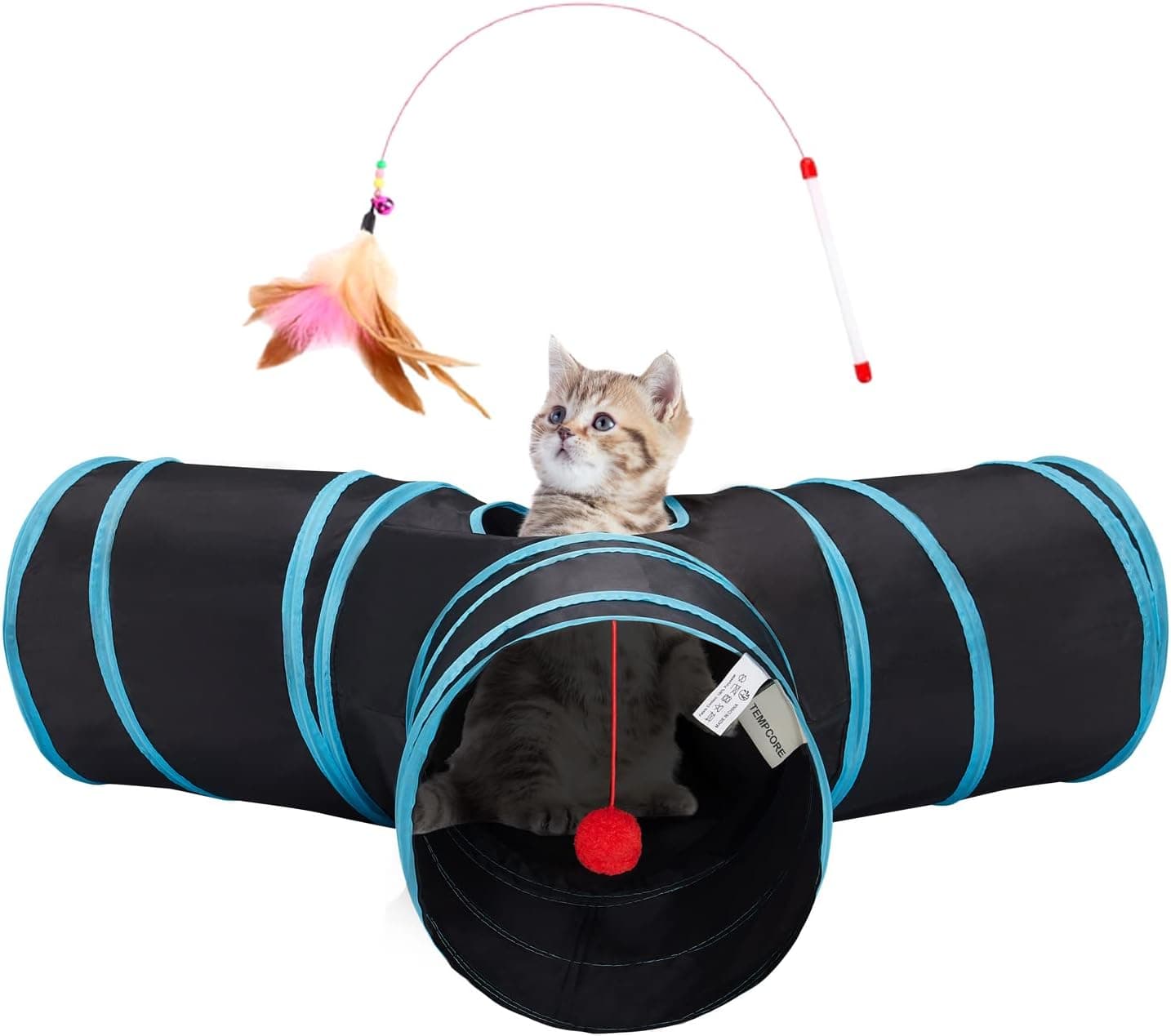 Tempcore Pet Cat Tunnel Tube, 3-Way Collapsible with Teaser Wand, Peek Holes & Hanging Ball